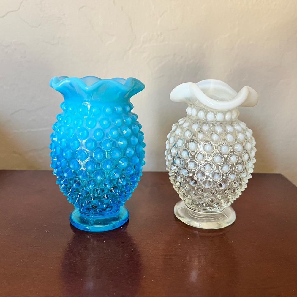 Vintage Fenton Blue and White Hobnail Vases